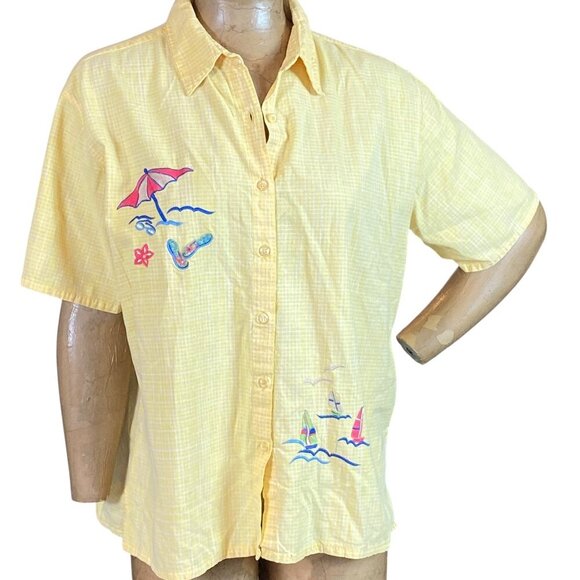 Bobbie Brooks Cotton Short Sleeve Embroidered Button-Front Shirt XL Yellow 192N - Picture 1 of 8